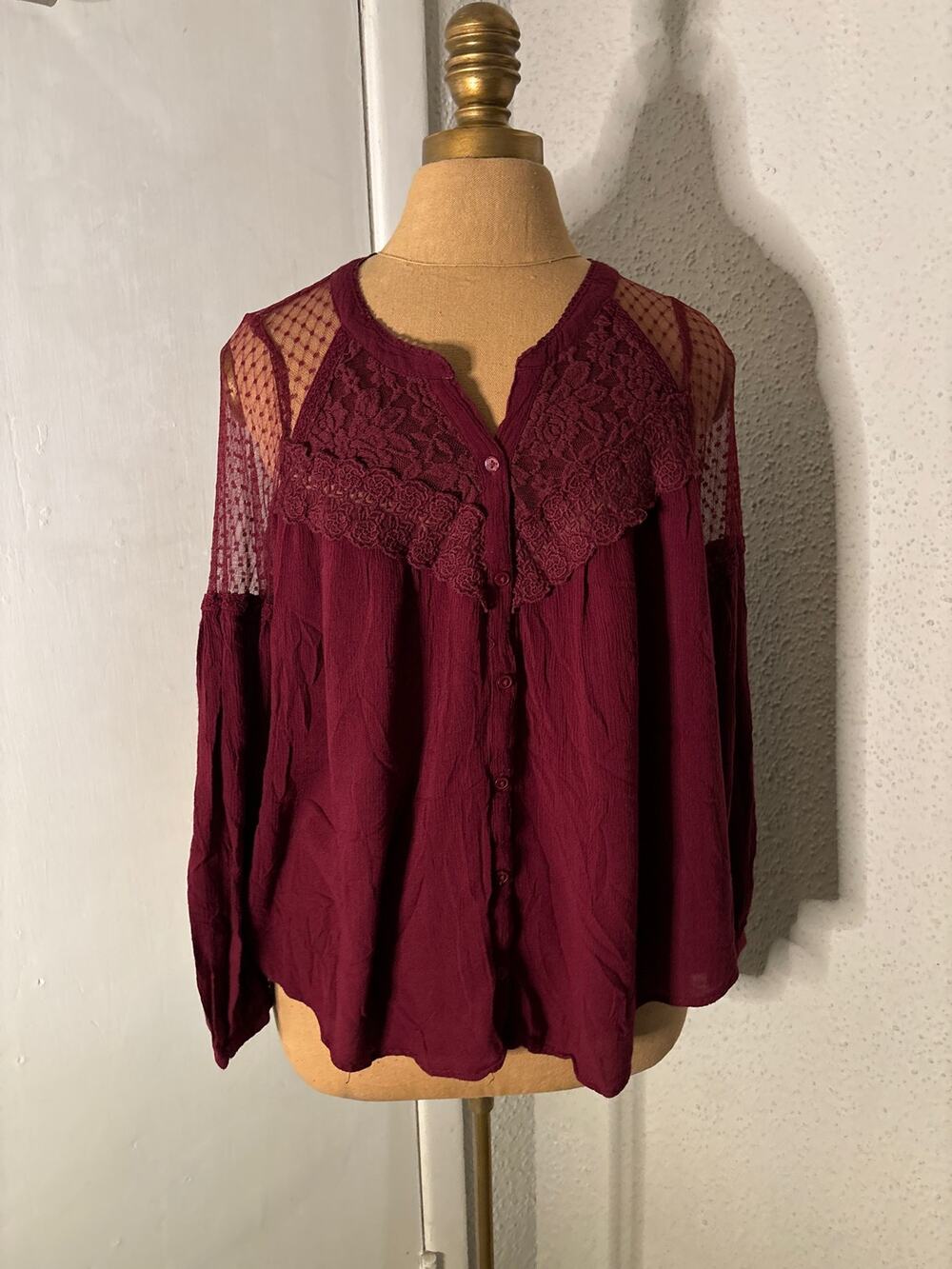 American Eagle Outfitters Burgundy Gauze Lace Top S Boho Coquette Girl Fairycore